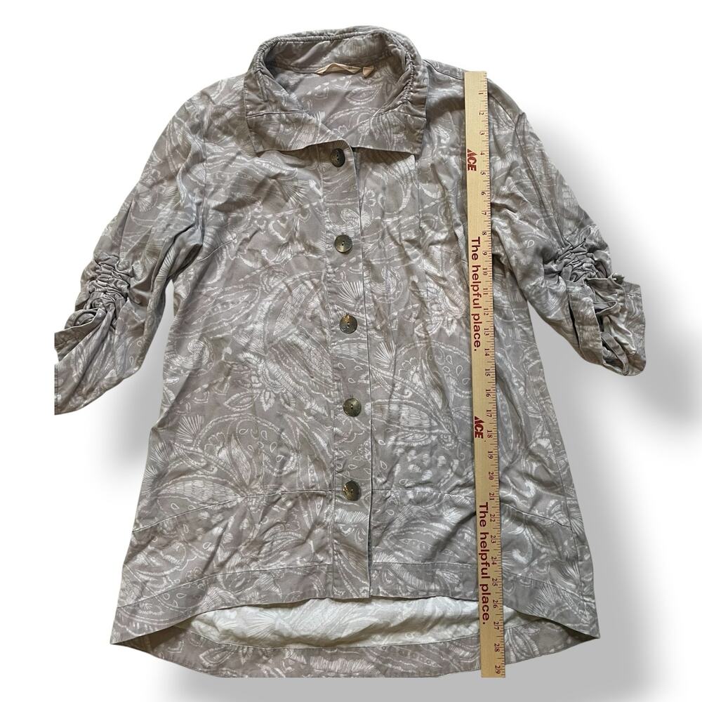 Soft Surroundings S Gray taupe Paisley Tencel Tunic Ruched Sleeve Shirt Jacket - Picture 5 of 8
